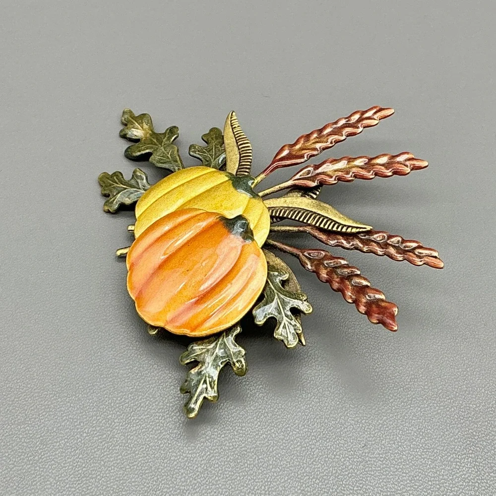 Pumpkin Brooch Women Orange Yellow Wheat Harvest Autumn Fall Enamel Pin Jewelry